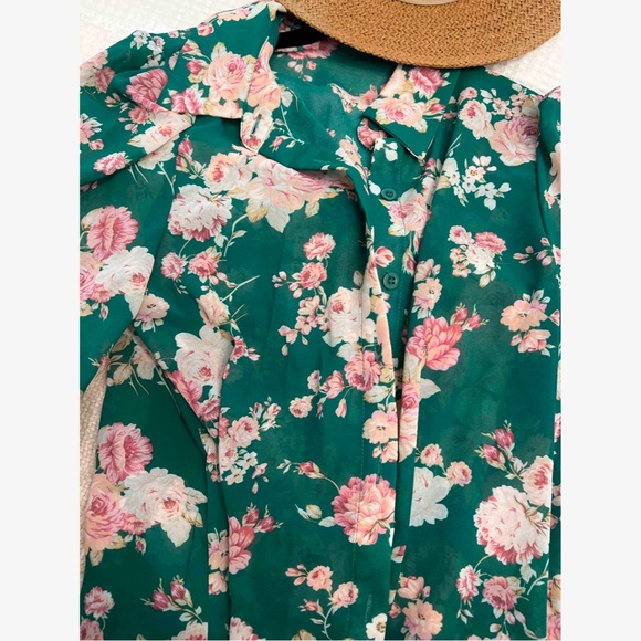 Green Button Down Shirt Long Sleeve Rose Floral Print Pink - Picture 7 of 11